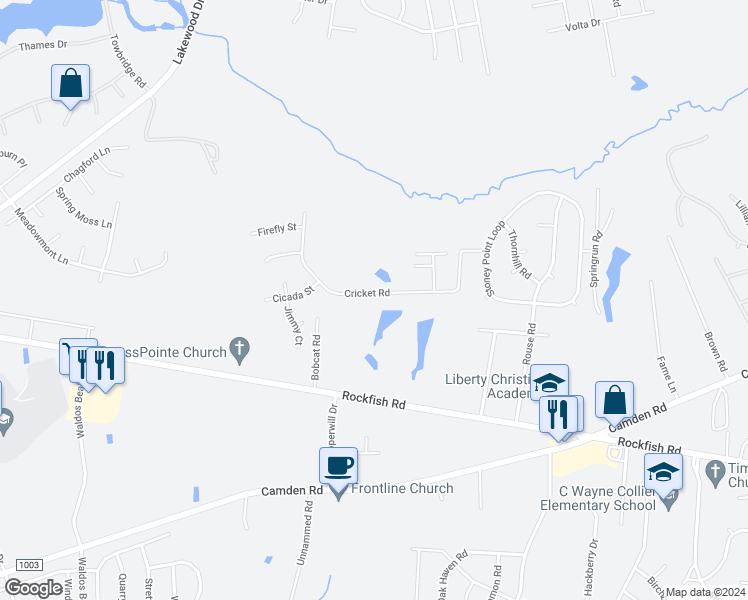 map of restaurants, bars, coffee shops, grocery stores, and more near 3033 Cricket Road in Fayetteville