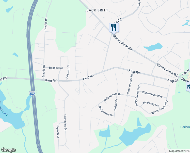 map of restaurants, bars, coffee shops, grocery stores, and more near 8143 King Road in Fayetteville