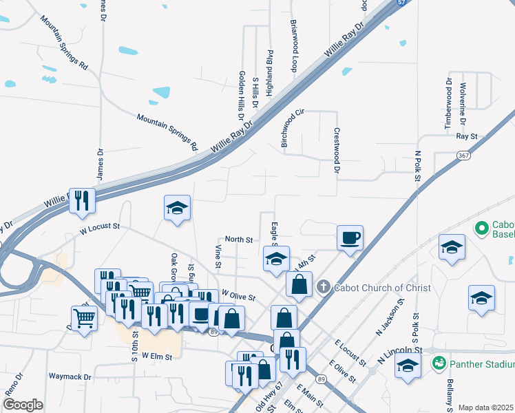 map of restaurants, bars, coffee shops, grocery stores, and more near 107 North Park Street in Cabot