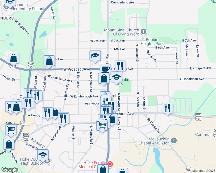 map of restaurants, bars, coffee shops, grocery stores, and more near Main Street in Raeford