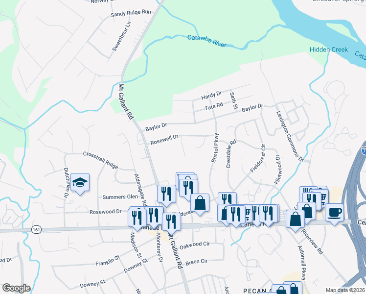 map of restaurants, bars, coffee shops, grocery stores, and more near 2024 Arboretum Road in Rock Hill