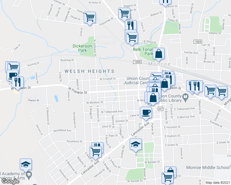map of restaurants, bars, coffee shops, grocery stores, and more near 605 West Franklin Street in Monroe