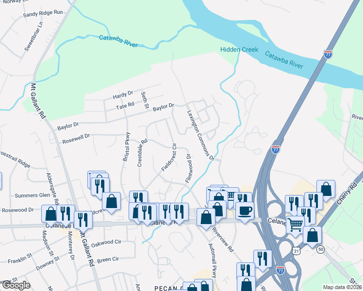 map of restaurants, bars, coffee shops, grocery stores, and more near 1668 Flintwood Drive in Rock Hill