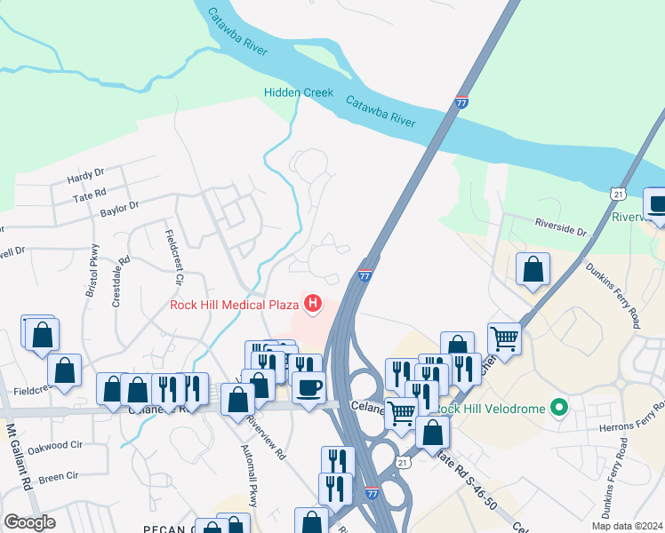 map of restaurants, bars, coffee shops, grocery stores, and more near 1815 Paces River Avenue in Rock Hill