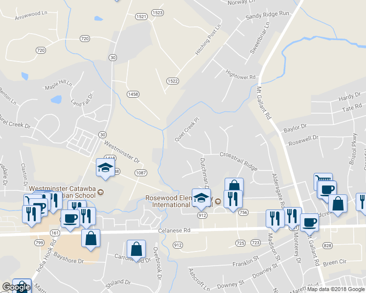map of restaurants, bars, coffee shops, grocery stores, and more near 2321 Crosstrail Ridge in Rock Hill