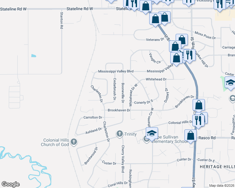 map of restaurants, bars, coffee shops, grocery stores, and more near 8417 Cedarbrush Drive in Southaven