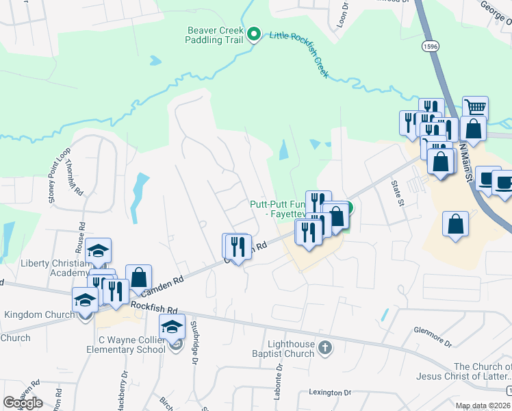 map of restaurants, bars, coffee shops, grocery stores, and more near 3527 Harrisburg Drive in Fayetteville