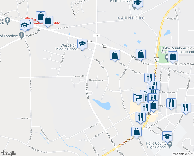 map of restaurants, bars, coffee shops, grocery stores, and more near 130 Appletree Lane in Raeford