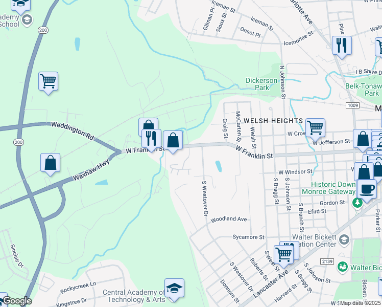 map of restaurants, bars, coffee shops, grocery stores, and more near 1609 West Franklin Street in Monroe
