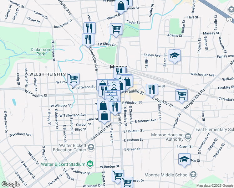 map of restaurants, bars, coffee shops, grocery stores, and more near 75 West Franklin Street in Monroe