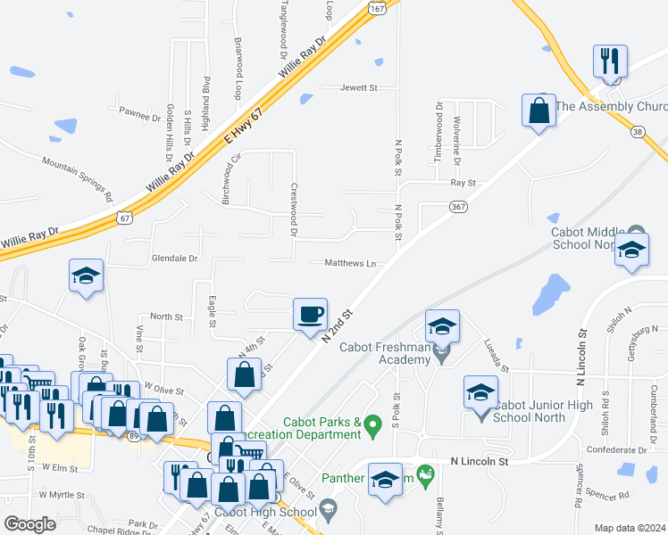 map of restaurants, bars, coffee shops, grocery stores, and more near 27 Matthews Lane in Cabot