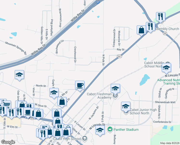 map of restaurants, bars, coffee shops, grocery stores, and more near 18 Matthews Lane in Cabot