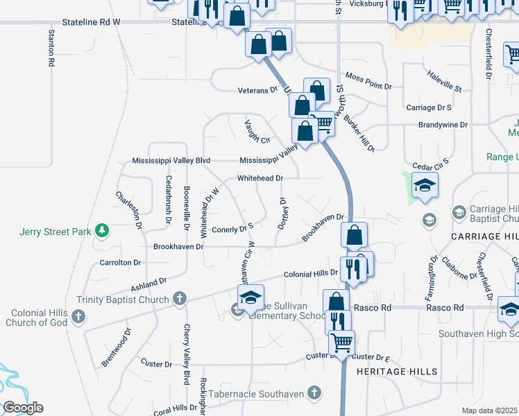 map of restaurants, bars, coffee shops, grocery stores, and more near 8386 Conerly Drive South in Southaven