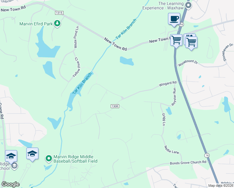 map of restaurants, bars, coffee shops, grocery stores, and more near 2105 Sandy Pond Lane in Waxhaw