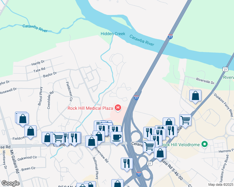 map of restaurants, bars, coffee shops, grocery stores, and more near 1656 Riverchase Boulevard in Rock Hill