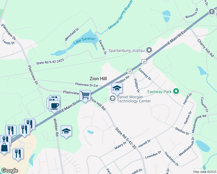 map of restaurants, bars, coffee shops, grocery stores, and more near 2856 East Main Street in Spartanburg