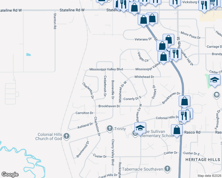 map of restaurants, bars, coffee shops, grocery stores, and more near 8422 Booneville Drive in Southaven