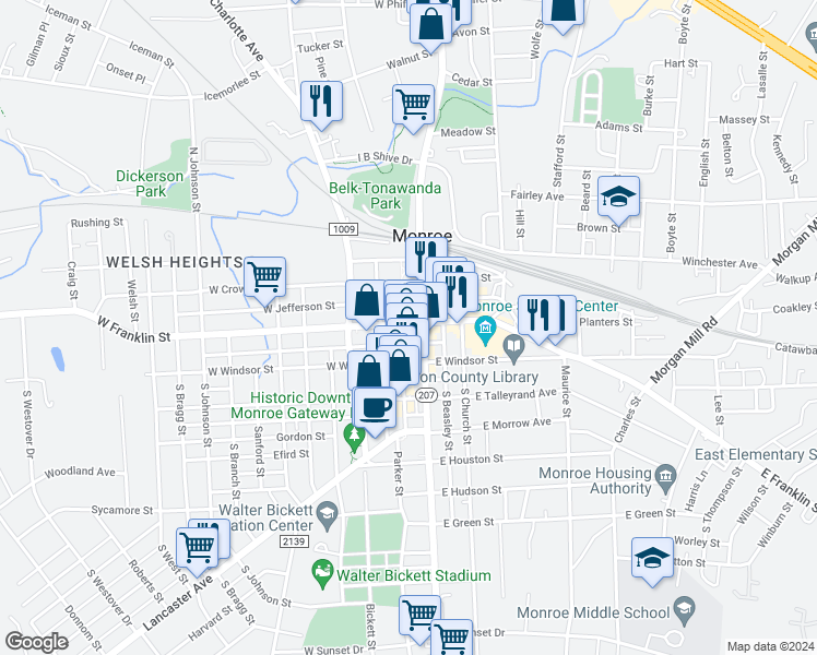 map of restaurants, bars, coffee shops, grocery stores, and more near 115 West Franklin Street in Monroe