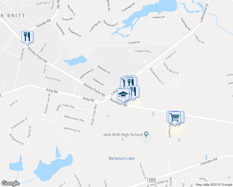 map of restaurants, bars, coffee shops, grocery stores, and more near 5827 Lakewood Drive in Fayetteville