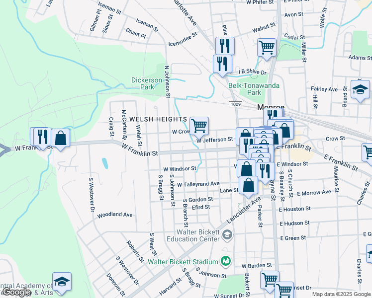 map of restaurants, bars, coffee shops, grocery stores, and more near 710 West Franklin Street in Monroe