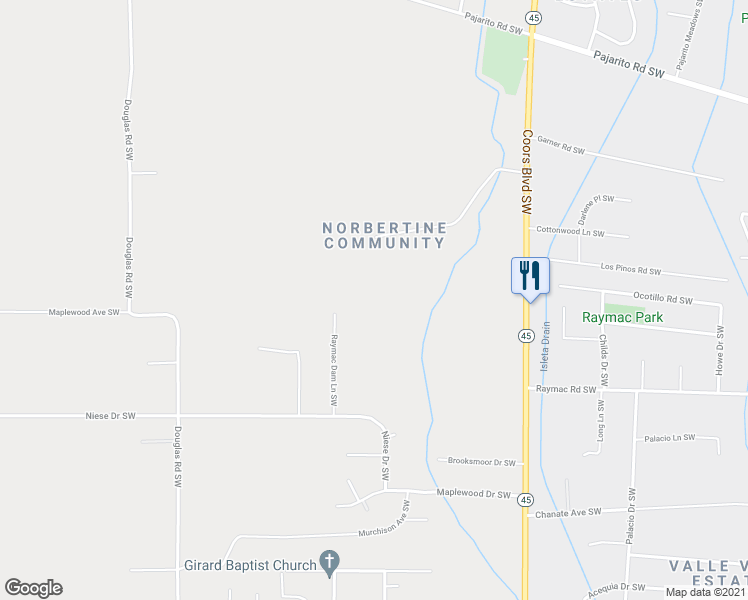 map of restaurants, bars, coffee shops, grocery stores, and more near 5447 Raymac Dam Lane Southwest in Albuquerque