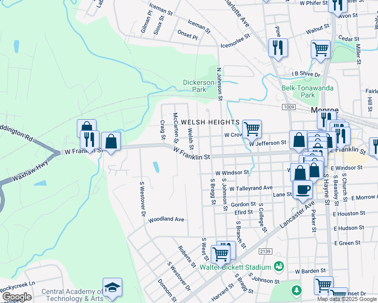 map of restaurants, bars, coffee shops, grocery stores, and more near 1200 West Franklin Street in Monroe
