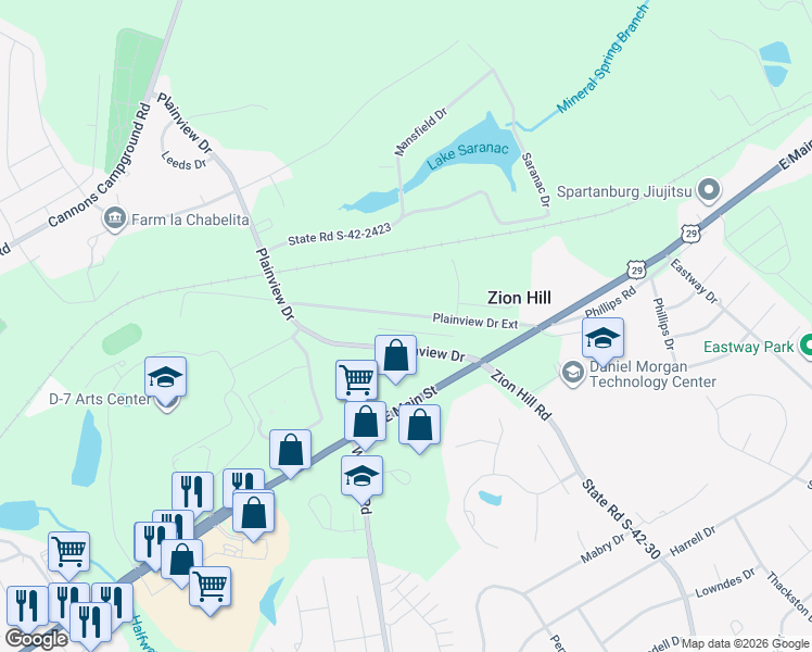 map of restaurants, bars, coffee shops, grocery stores, and more near 124-138 Phillips Road in Spartanburg