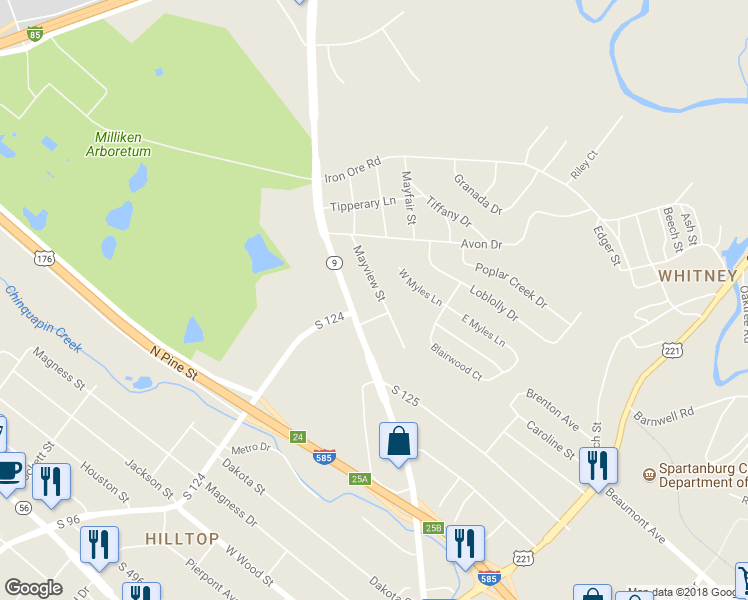 map of restaurants, bars, coffee shops, grocery stores, and more near 1022 Mayview Street in Spartanburg