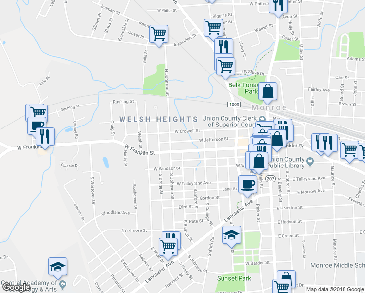 map of restaurants, bars, coffee shops, grocery stores, and more near 804 West Franklin Street in Monroe