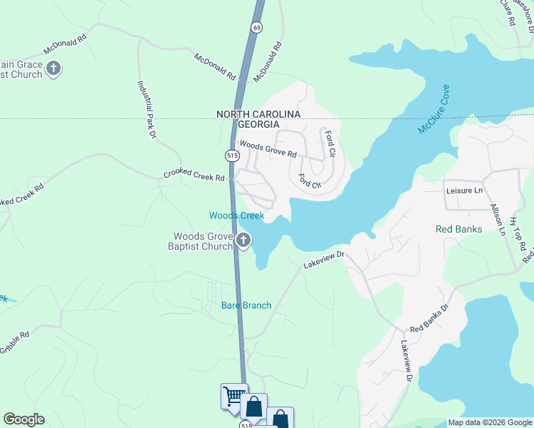 map of restaurants, bars, coffee shops, grocery stores, and more near 2420 Bellview Lane in Young Harris