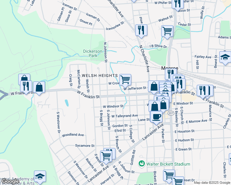 map of restaurants, bars, coffee shops, grocery stores, and more near 712 West Franklin Street in Monroe