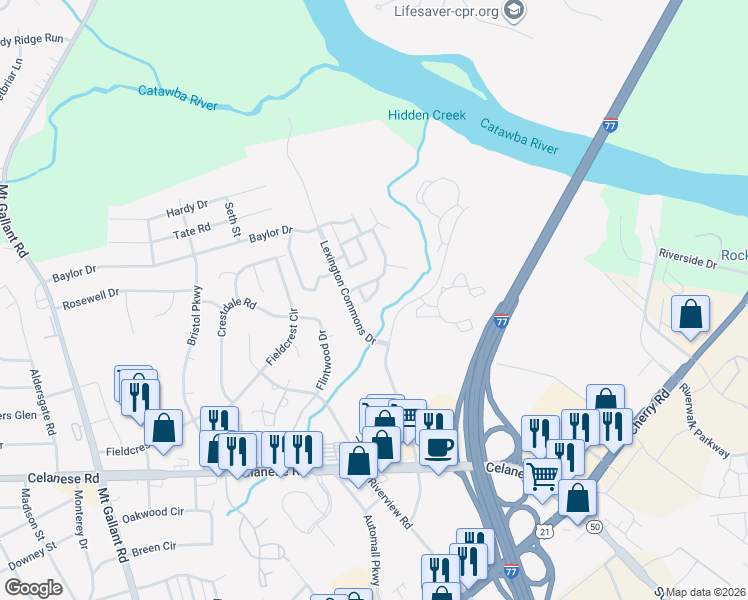 map of restaurants, bars, coffee shops, grocery stores, and more near 1425 Autumn Creek Court in Rock Hill
