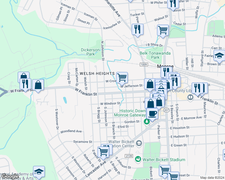 map of restaurants, bars, coffee shops, grocery stores, and more near 712 West Franklin Street in Monroe