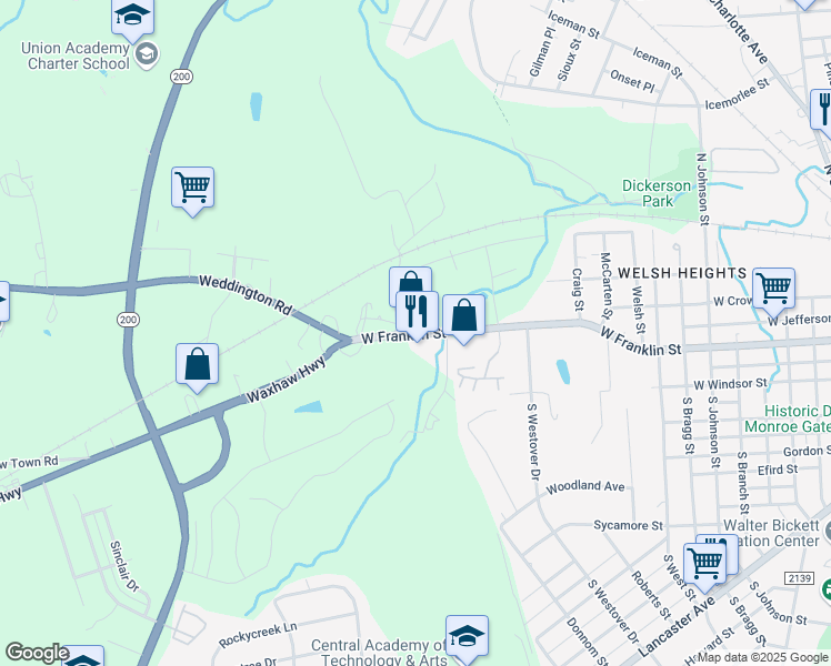 map of restaurants, bars, coffee shops, grocery stores, and more near 1678 West Franklin Street in Monroe