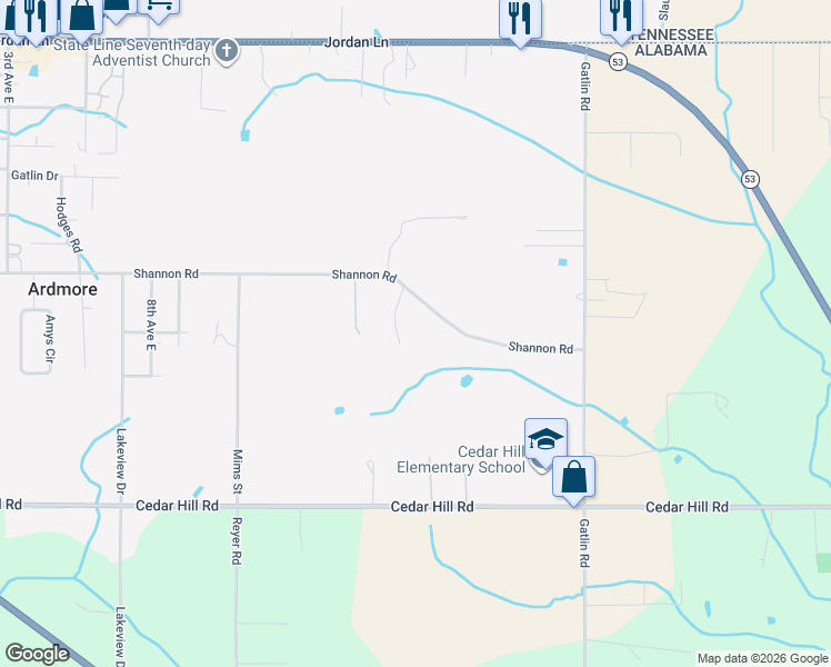map of restaurants, bars, coffee shops, grocery stores, and more near 27560 Shannon Road in Ardmore