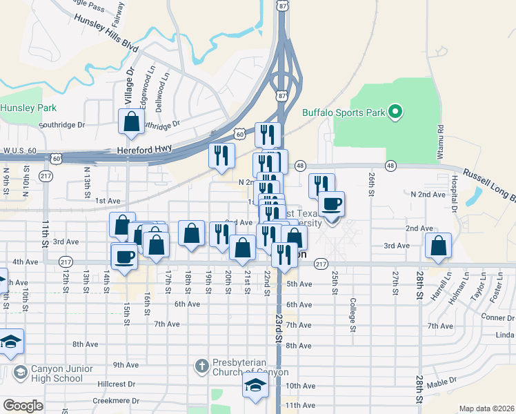 map of restaurants, bars, coffee shops, grocery stores, and more near 2104 1st Avenue in Canyon