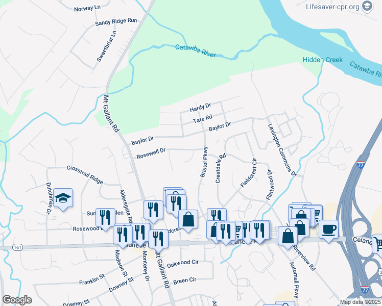 map of restaurants, bars, coffee shops, grocery stores, and more near 1734 Rosewell Drive in Rock Hill