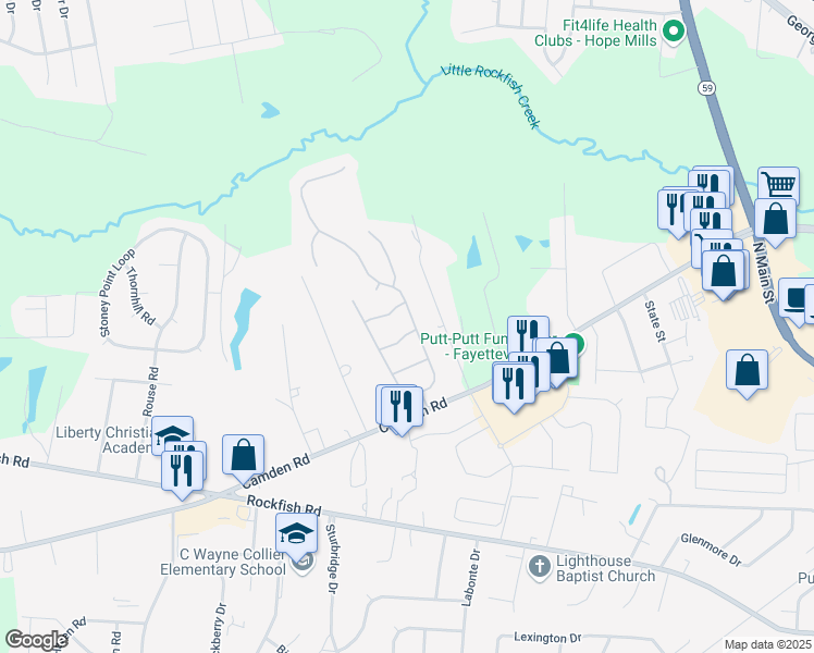 map of restaurants, bars, coffee shops, grocery stores, and more near 3526 Harrisburg Drive in Fayetteville