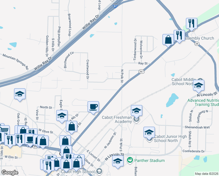 map of restaurants, bars, coffee shops, grocery stores, and more near 18 Matthews Lane in Cabot