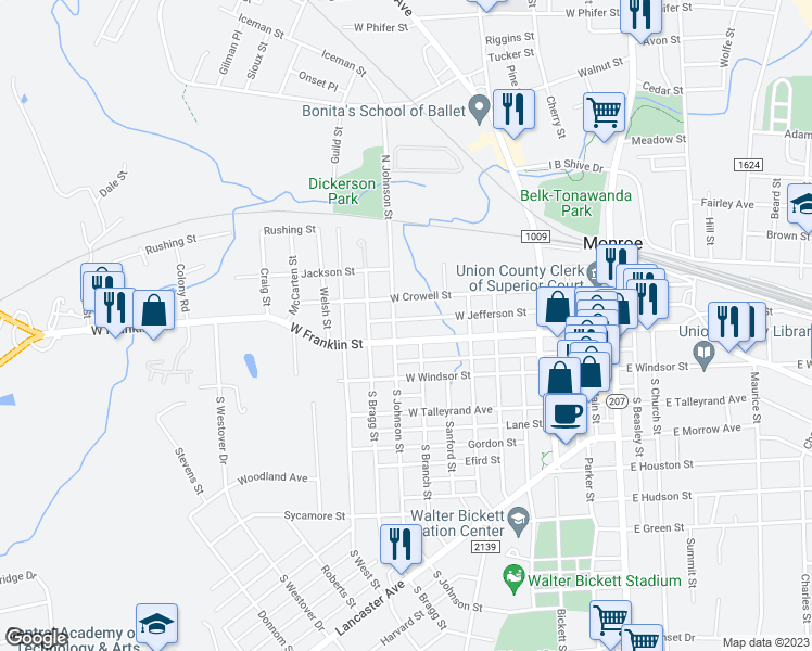 map of restaurants, bars, coffee shops, grocery stores, and more near 804 West Franklin Street in Monroe