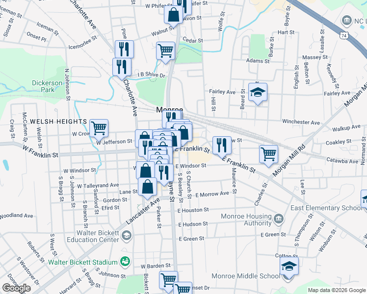 map of restaurants, bars, coffee shops, grocery stores, and more near 215 East Franklin Street in Monroe