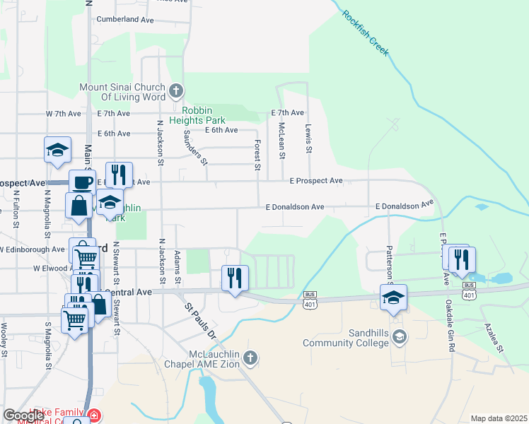 map of restaurants, bars, coffee shops, grocery stores, and more near 620 East Donaldson Avenue in Raeford