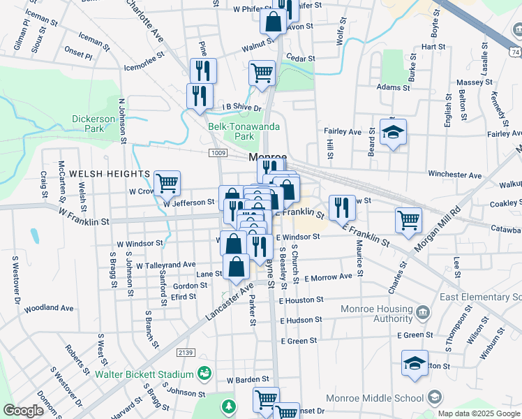 map of restaurants, bars, coffee shops, grocery stores, and more near 86 West Franklin Street in Monroe