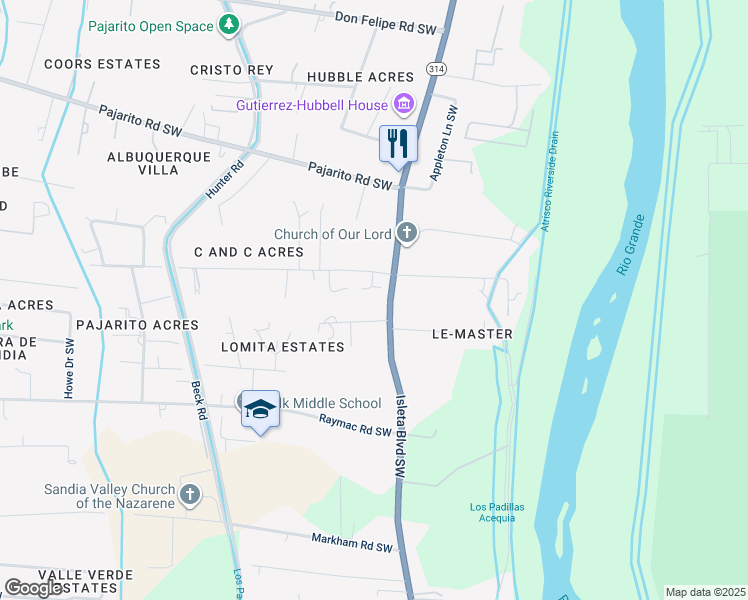 map of restaurants, bars, coffee shops, grocery stores, and more near 6319 Isleta Boulevard Southwest in Albuquerque