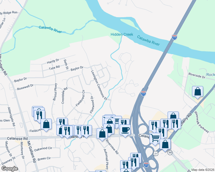 map of restaurants, bars, coffee shops, grocery stores, and more near 1419 Autumn Creek Court in Rock Hill