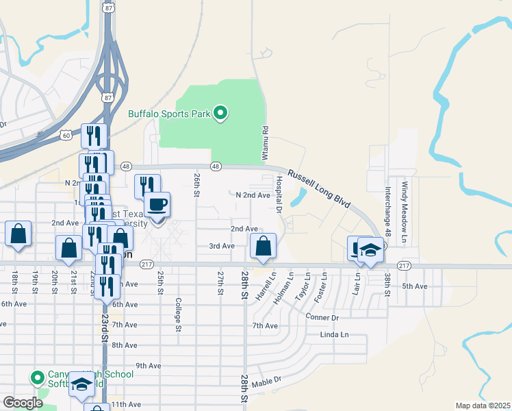 map of restaurants, bars, coffee shops, grocery stores, and more near 107 28th Street in Canyon