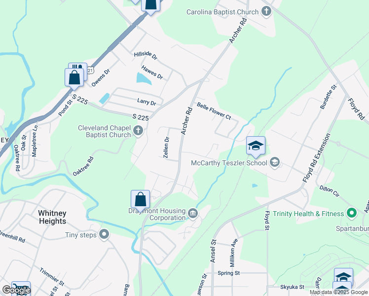 map of restaurants, bars, coffee shops, grocery stores, and more near 657 Archer Road in Spartanburg