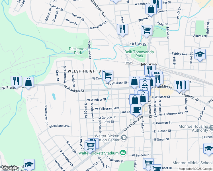 map of restaurants, bars, coffee shops, grocery stores, and more near 605 West Franklin Street in Monroe