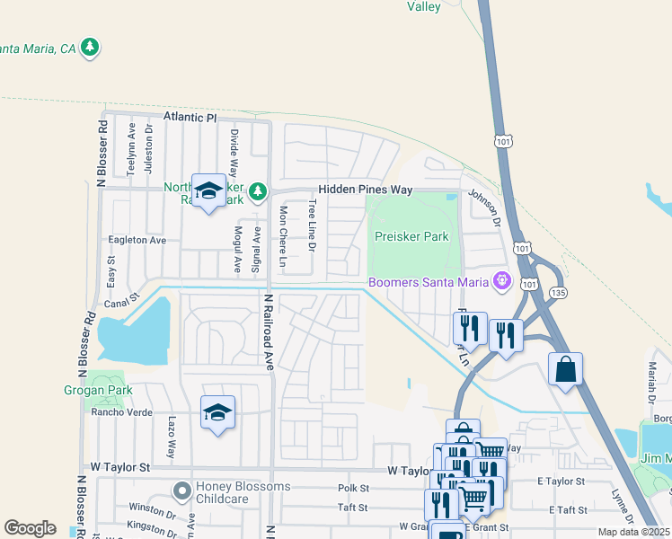 map of restaurants, bars, coffee shops, grocery stores, and more near 511 Washington Circle in Santa Maria