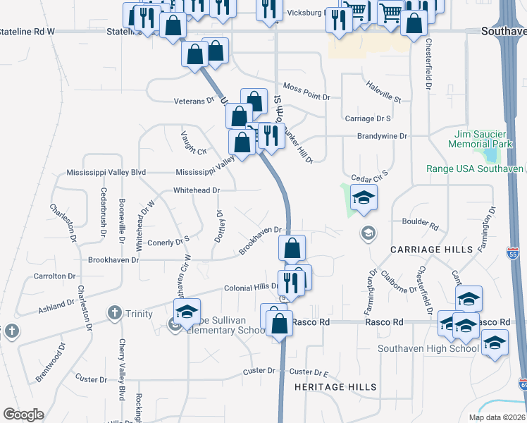 map of restaurants, bars, coffee shops, grocery stores, and more near 8369 Laurett Cove in Southaven